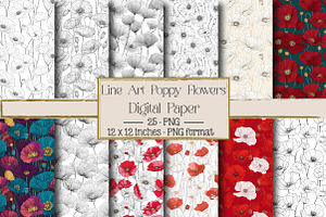 Line Art Poppy Flowers Patterns, an Illustration by DreamPrint404