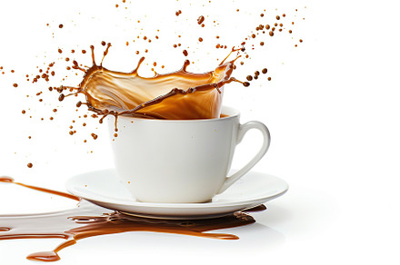 Cup of coffee with splashes isolated on white background, a Food & Drink Photo by AlyaAnd