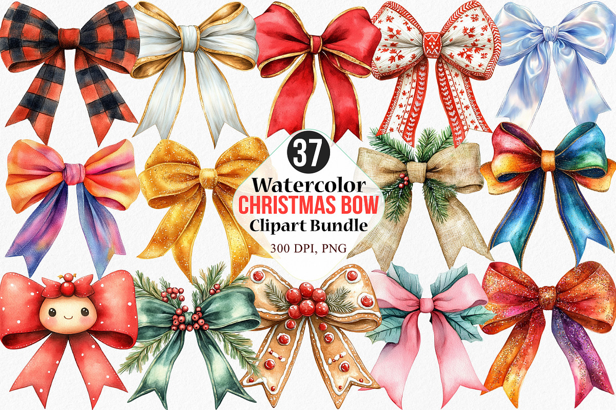 Watercolor Christmas Bow Clipart, an Illustration by Canvas Craft (Photo 1 of 8)