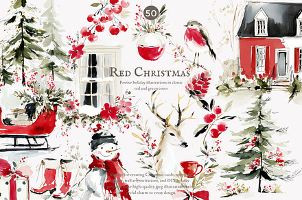 Festive red Christmas watercolor set, a Decorative Illustration by Patishop Art