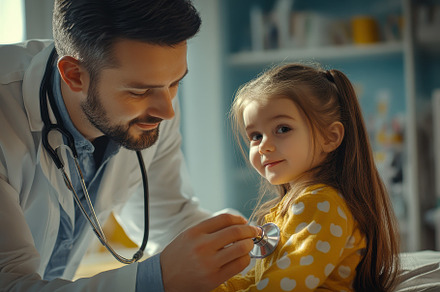 Male doctor examines young girl with, a Photo by Iftikhar Alam