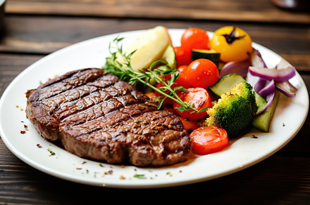 Grilled meat steak with vegetables in plate on wooden background, a Food & Drink Photo by AlyaAnd