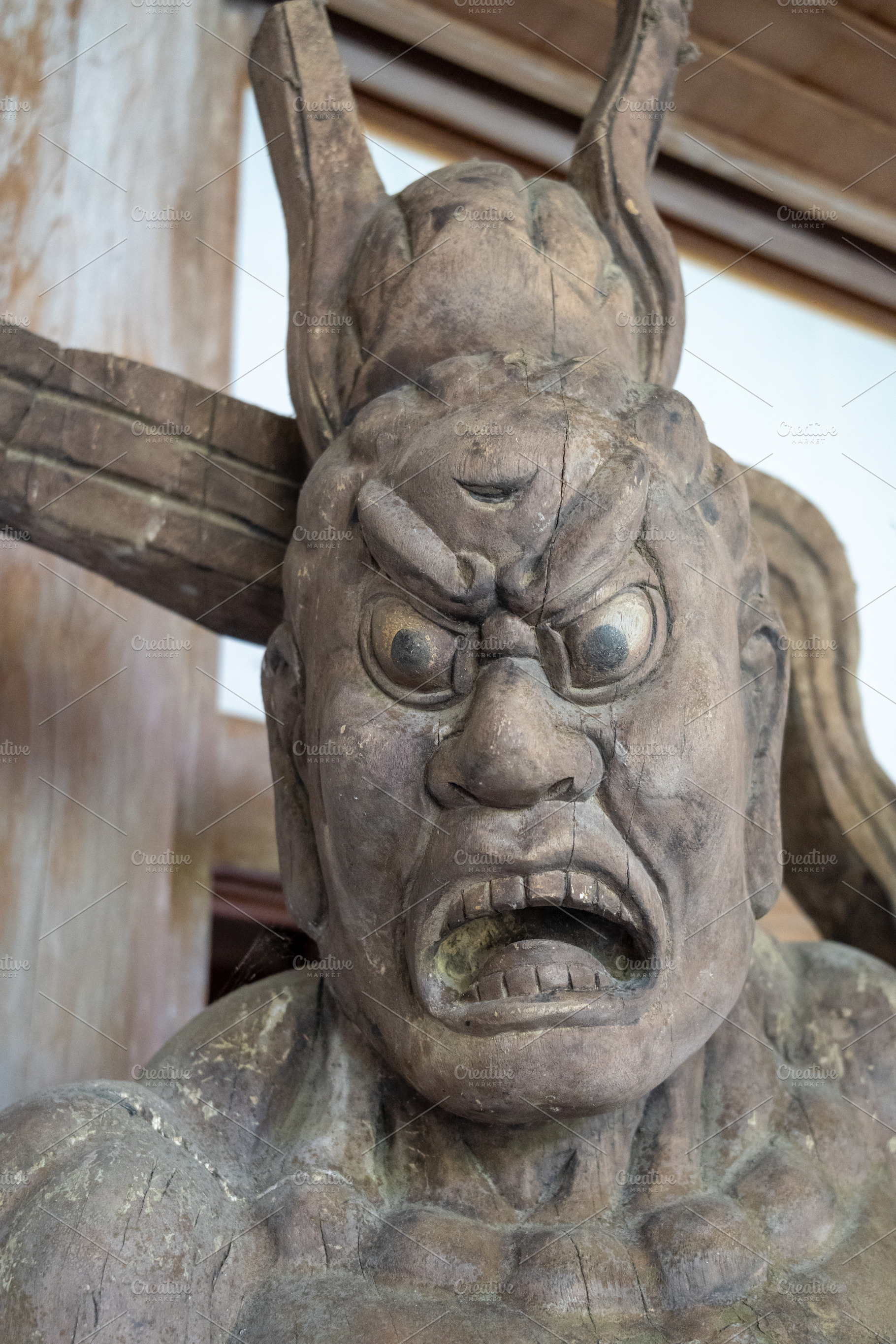 Statue of Nio guardian head at Mitaki-Dera in Hiroshima, Japan, an Architecture Photo by GoodGoods