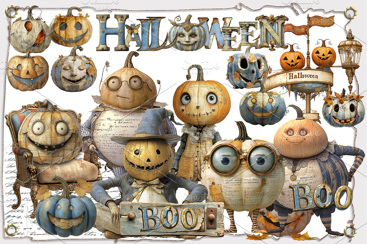 Quirky Halloween Pumpkin Clipart Kit, a Decorative Illustration by Area (Photo 9 of 17)