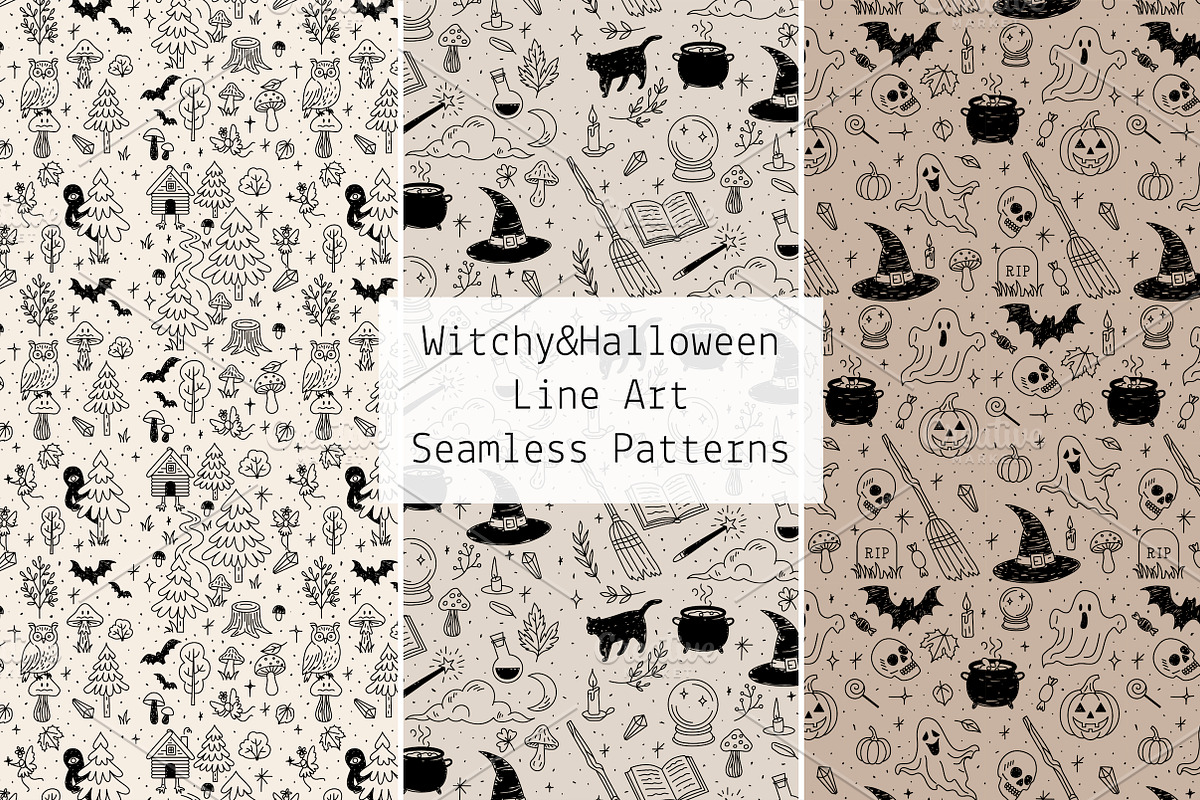 Witchy & Halloween Line Art Seamless, a Pattern Graphic by Lyolya Profitrolya (Photo 1 of 4)