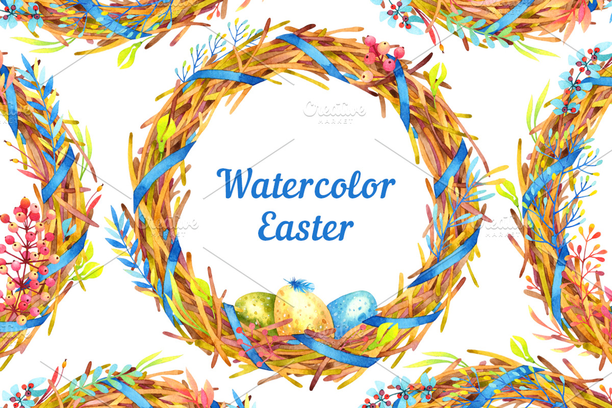 Watercolor Easter Wreaths, an Illustration by Evgeniia Zagreeva (Photo 1 of 2)
