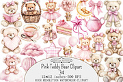 Watercolor Pink Teddy Bear Clipart, a Seasonal Illustration by Design Market (Thumbnail 1 of 4)