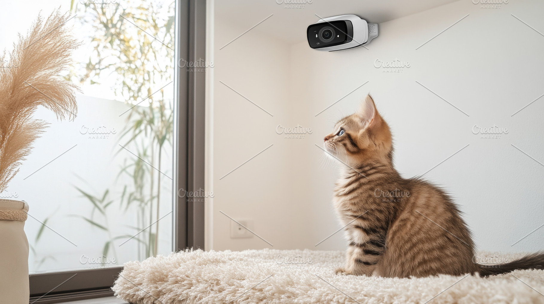 Kitten sitting on carpet near window, a Photo by Dvoevnore photos