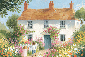 Children exploring a charming English cottage garden filled with, a Decorative Illustration by Studio ANNA
