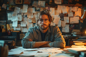 Young man in a cluttered workspace l, a Photo by Tanuart