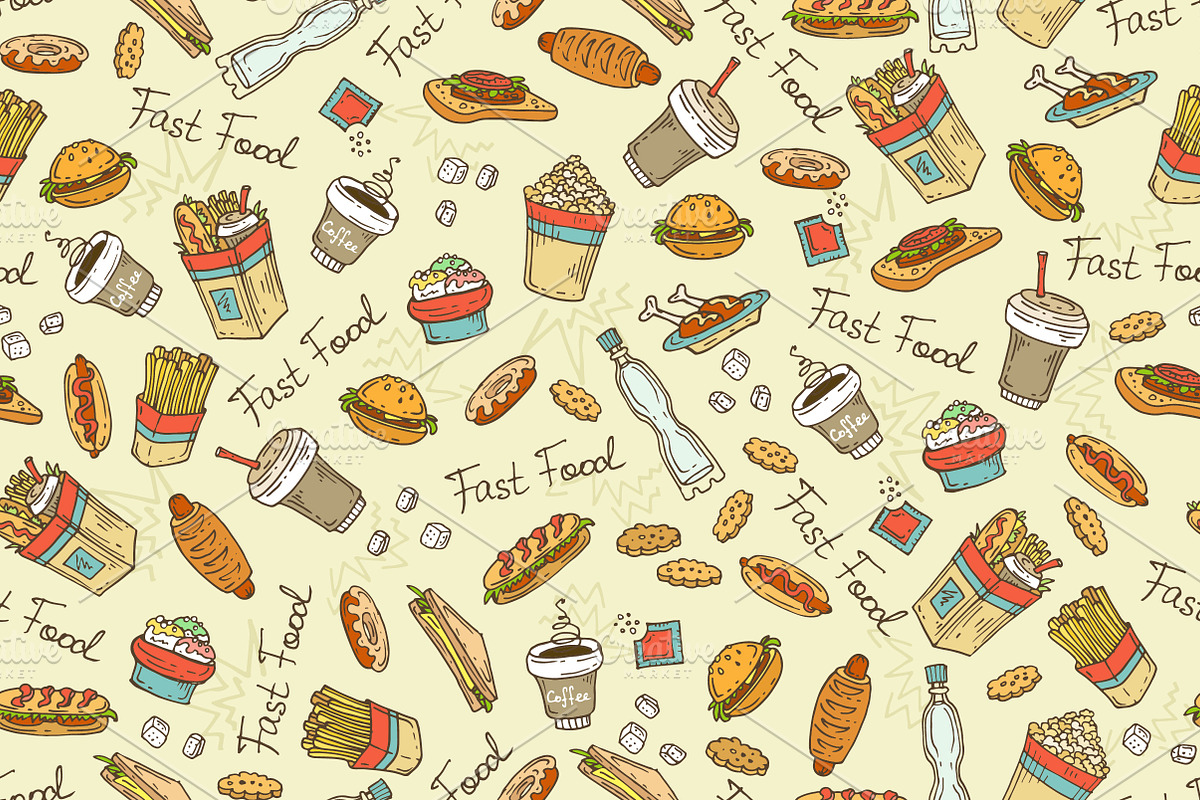 Pattern with hand drawn fast food