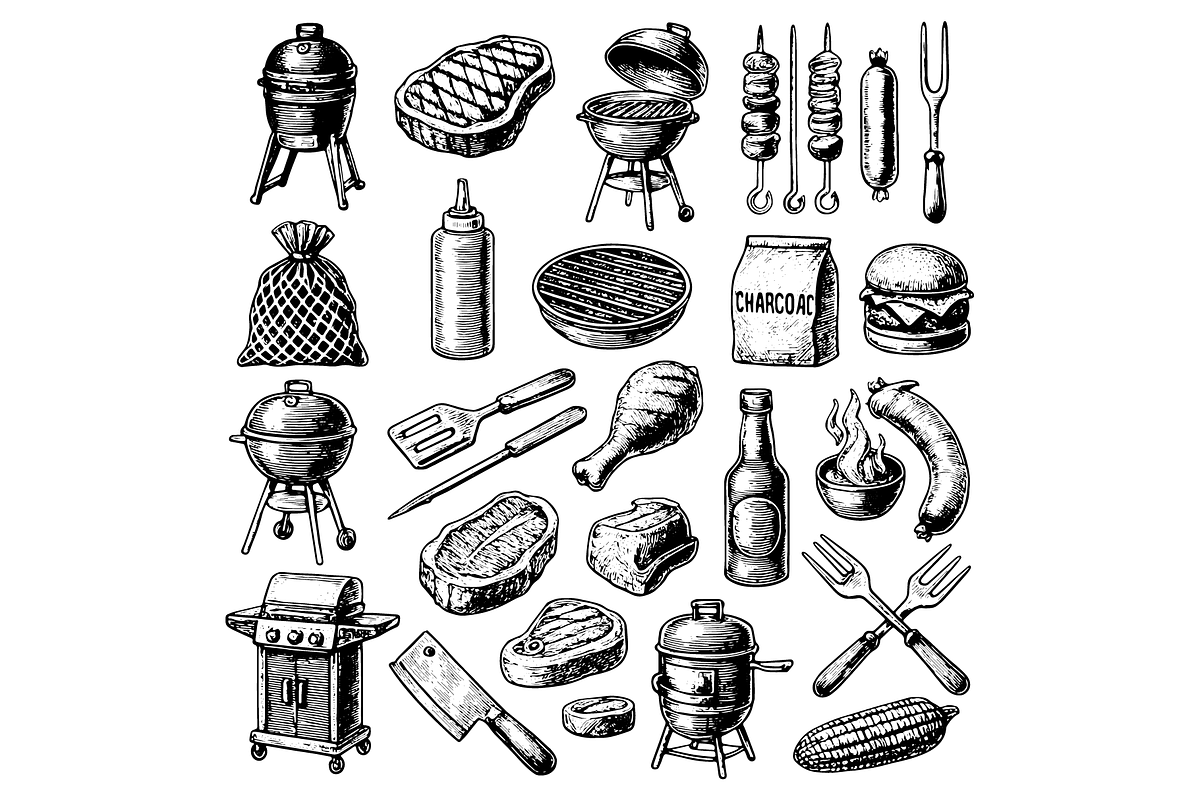 BBQ Grill and Food Illustration Set, an Object Graphic by nikagraphic