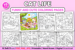 Cat Life Funny & Cute Coloring Pages, an Animal Illustration by Design Station