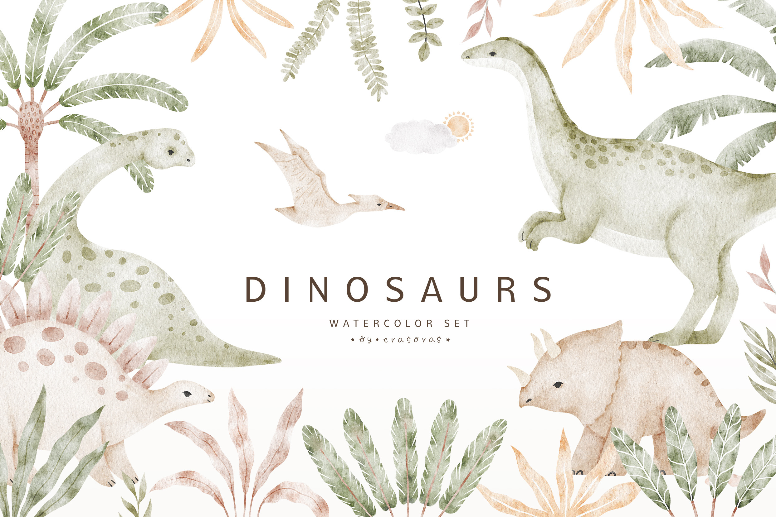 DINOSAURS watercolor set, an Animal Illustration by erasovas