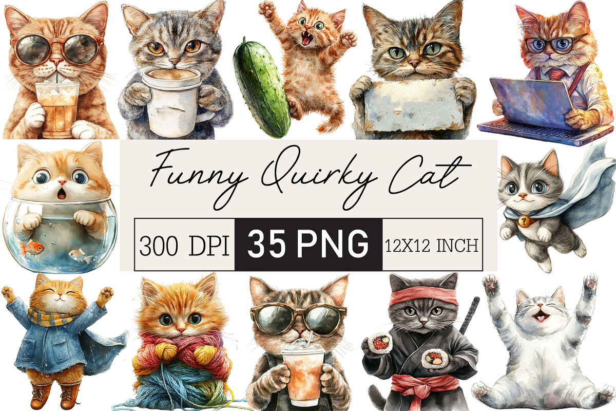 Funny Cat Clipart Quirky Cat Clipart, an Illustration by Black Bird Studio (Photo 1 of 6)