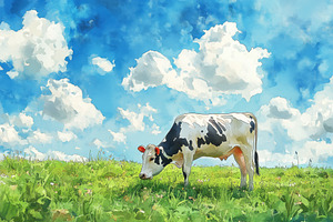 A serene landscape featuring a black and white cow grazing on lush green grass, an Animal Illustration by Textures & Backgrounds