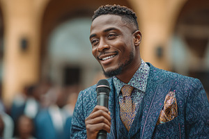 Smiling man speaking into microphone, a Photo by Pixeness Studio