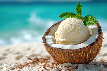 Enjoying coconut ice served in a coconut shell by the beach during a sunny day, a Food & Drink Photo by AlyaAnd