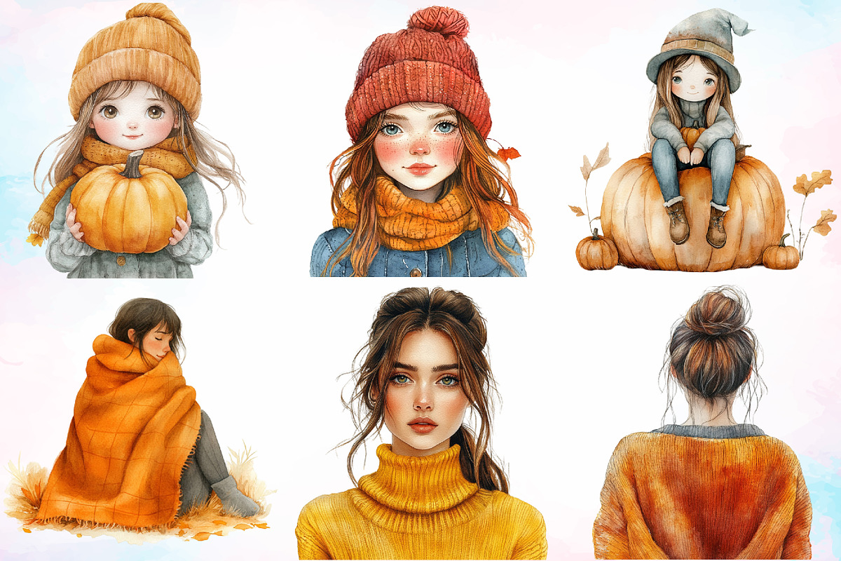 Watercolor Autumn Girl Clipart PNG, a Seasonal Illustration by Canvas Craft (Photo 3 of 4)