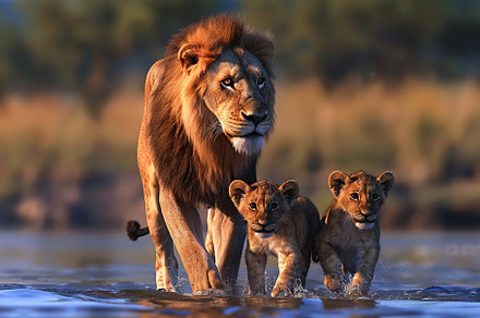 Big lion with lion cub lying in savannah, an Animal Photo by AlyaAnd