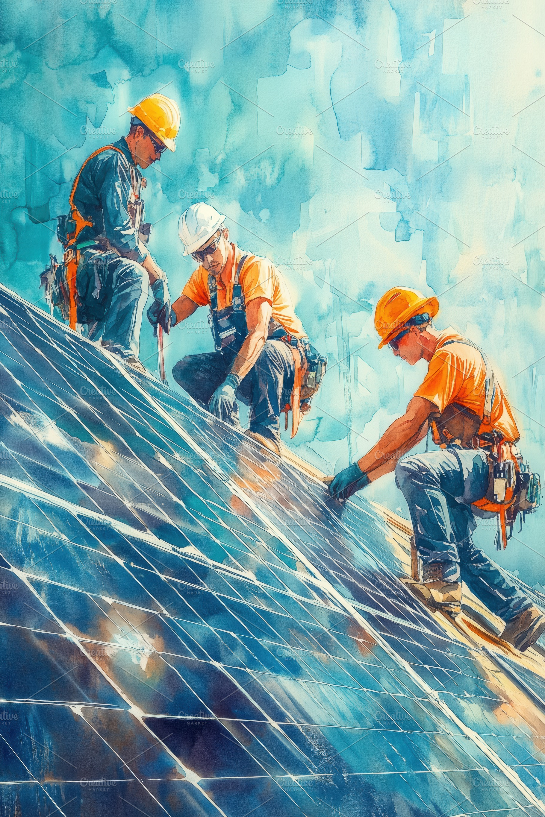 Three construction workers installing solar panels on a roof, wearing safety he, a Technology Photo by Textures & Backgrounds