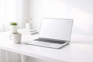 Laptop with blank screen on white de, a Photo by Dvoevnore photos
