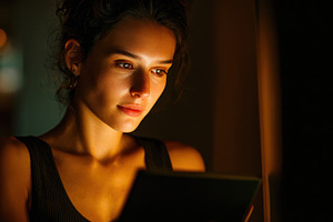 Woman reading a book in dim light, a Photo by Beautiful things