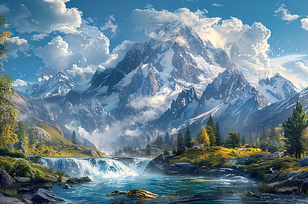 Lush valleys, towering mountains wit, a Photo by LOGOCREATIVE