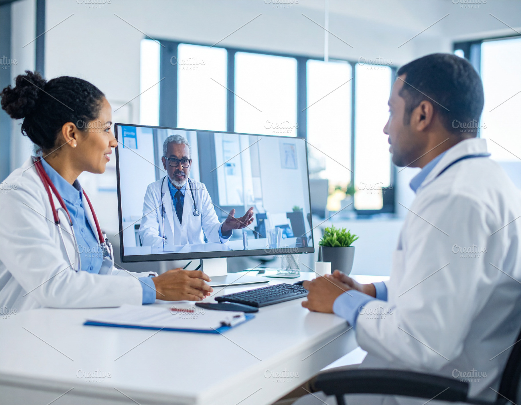 Doctor team engaged in a virtual consultation via a large screen, a Health & Medical Photo by DanFLCreativo