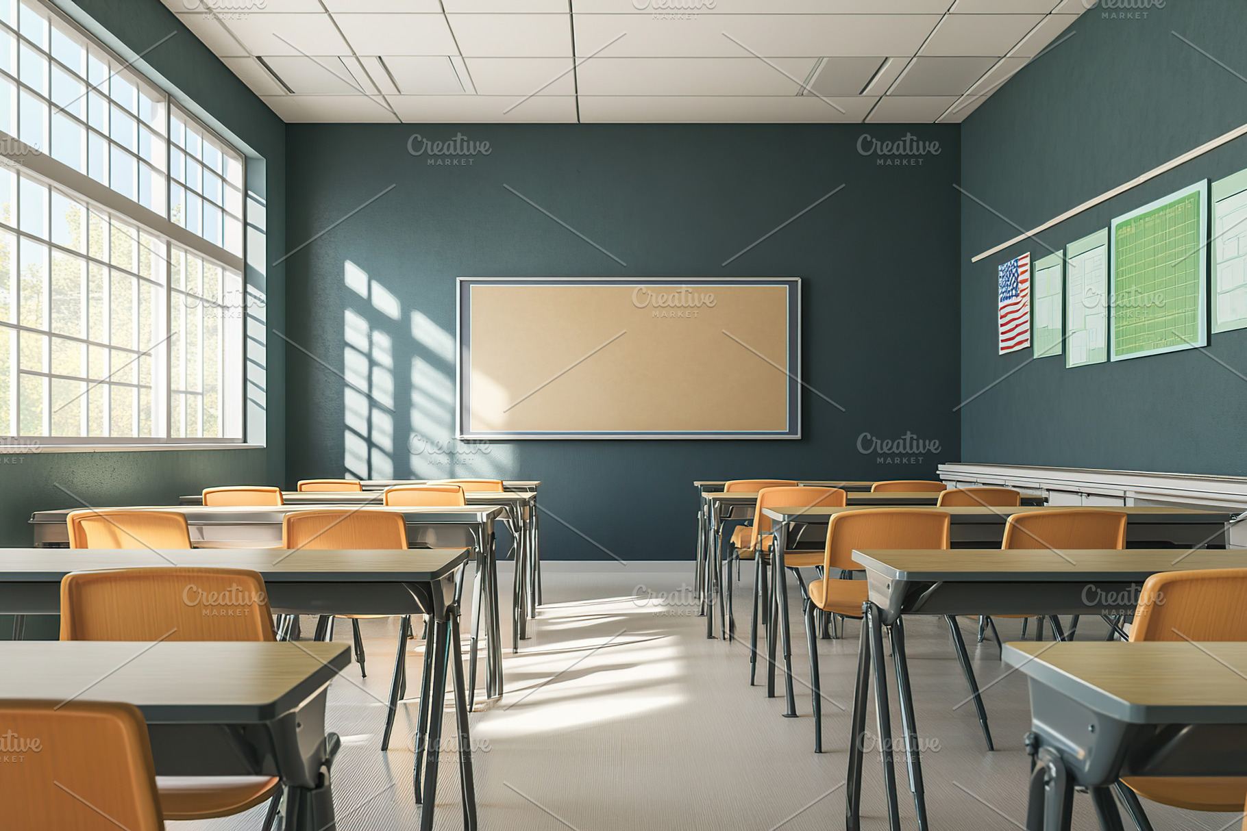 Classic American classroom setup with desks and chairs arranged, a Photo by AlyaAnd