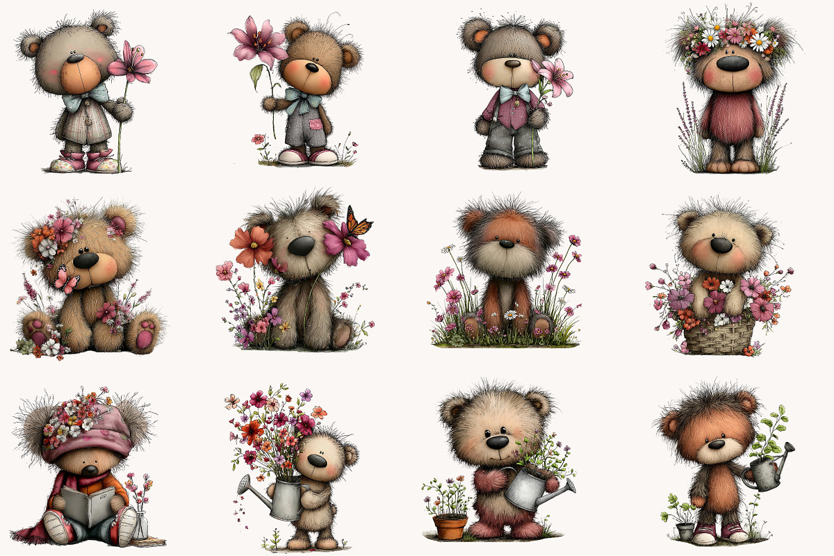 Whimsical spring teddy bear clipart, an Illustration by Designworld (Photo 2 of 10)