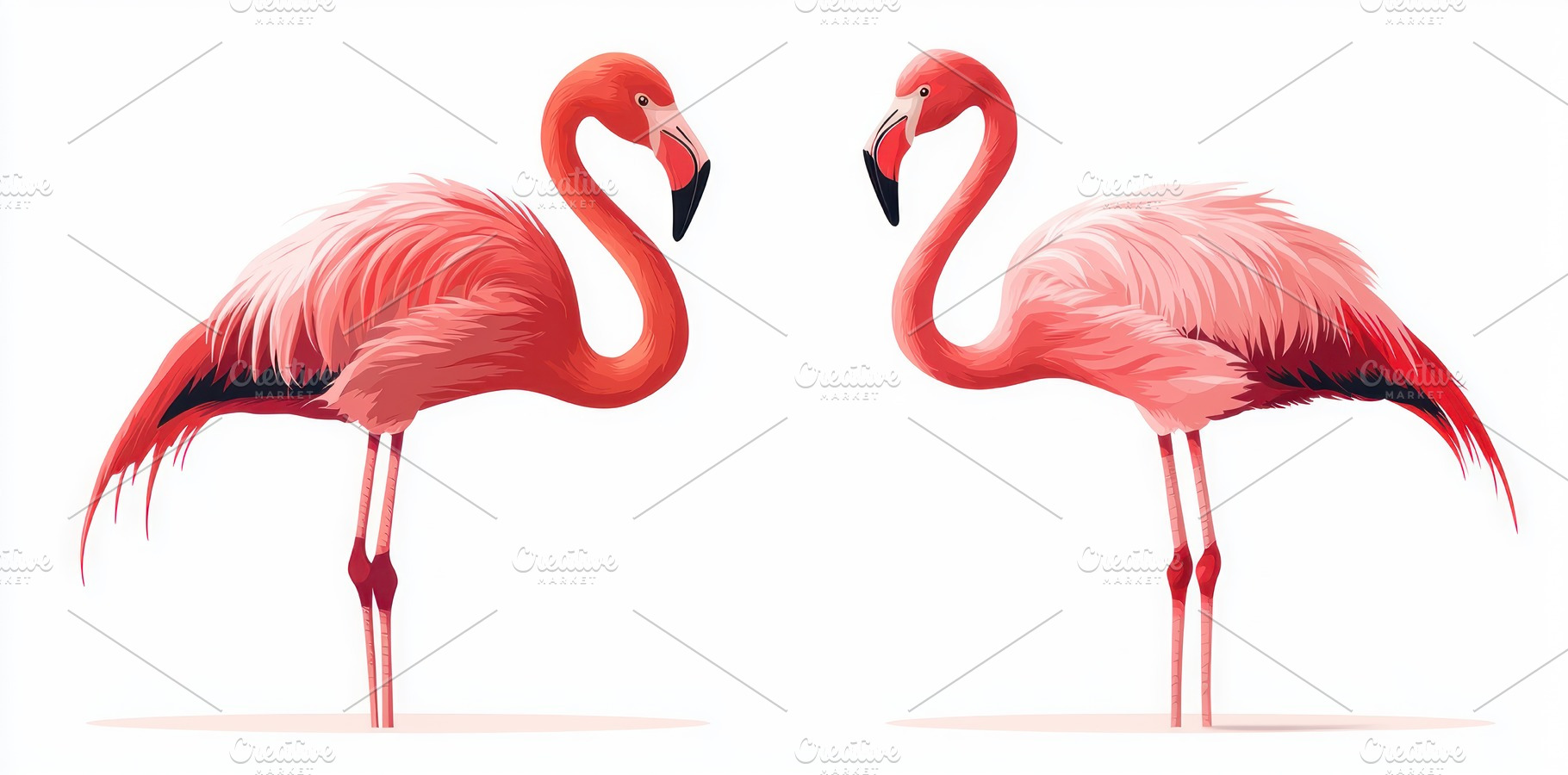Two illustrated pink flamingos facing each other on white backgr, an Animal Photo by José Manuel Gelpi