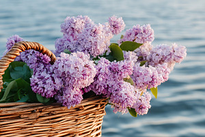 Fresh purple lilac flowers in a wicker basket by a calm lake during sunset, a Nature Photo by AlyaAnd