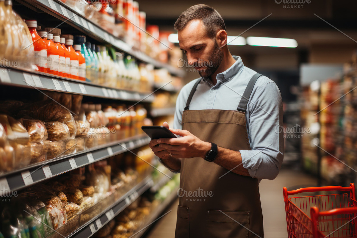 Ssalesman in apron look at phone while posing near products in s, a Person Photo by AS photostudio (Photo 1 of 2)
