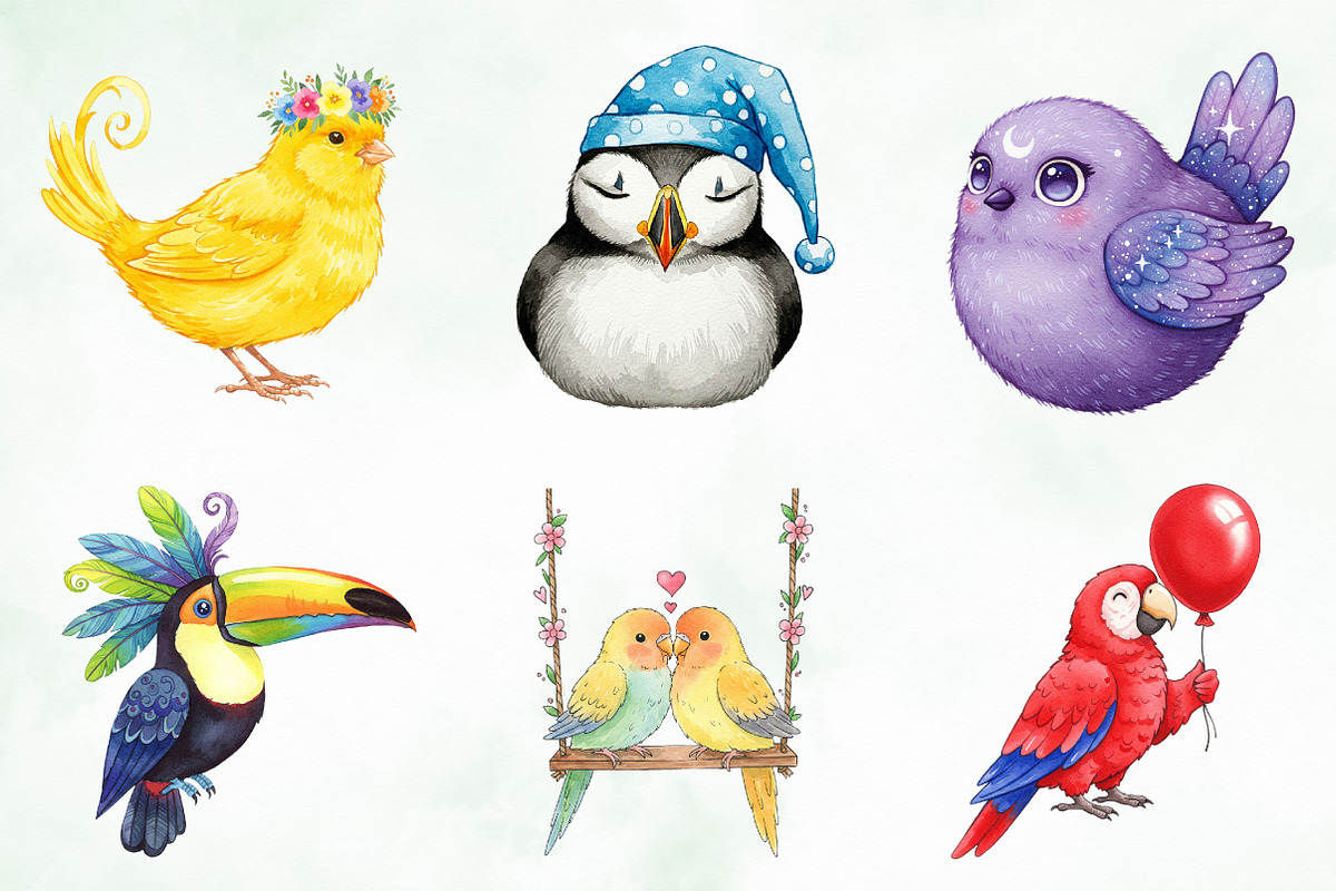 Watercolor Cute Whimsical Birds Png, an Illustration by Creative Art (Photo 2 of 9)