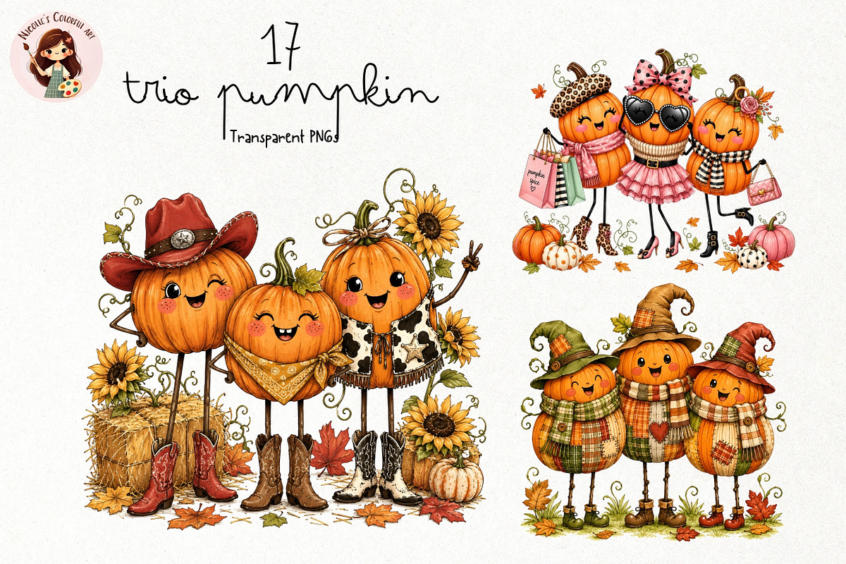 Trio Pumpkin PNG Clipart Bundle, a Seasonal Illustration by Nicolle's Colorful Art (Photo 1 of 6)