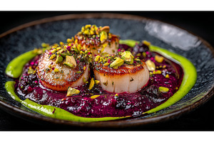 A gourmet dish featuring seared, a Food & Drink Photo by ZinetroN