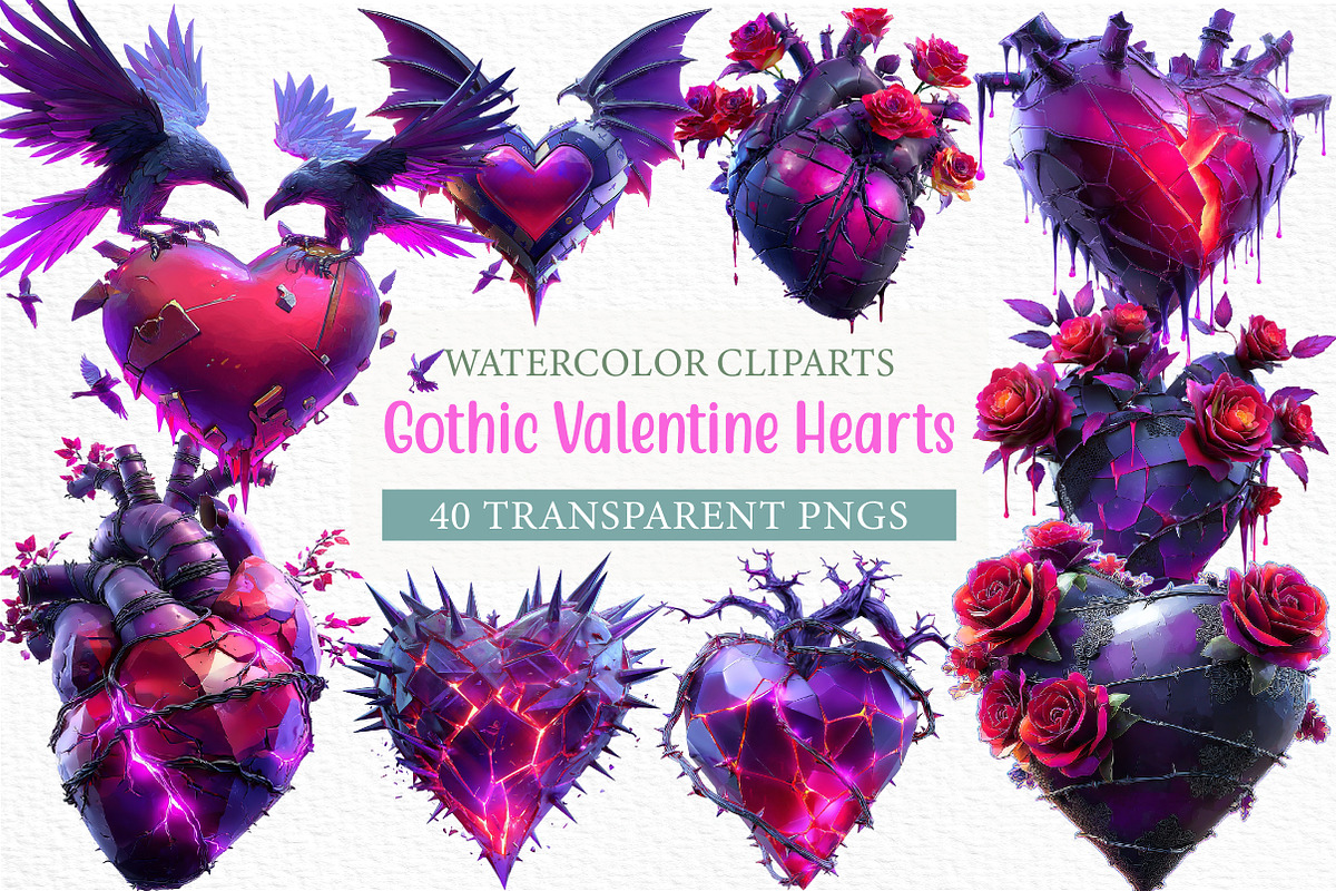 Gothic Valentine Hearts Clipart, an Illustration by Craft Nest (Photo 1 of 9)
