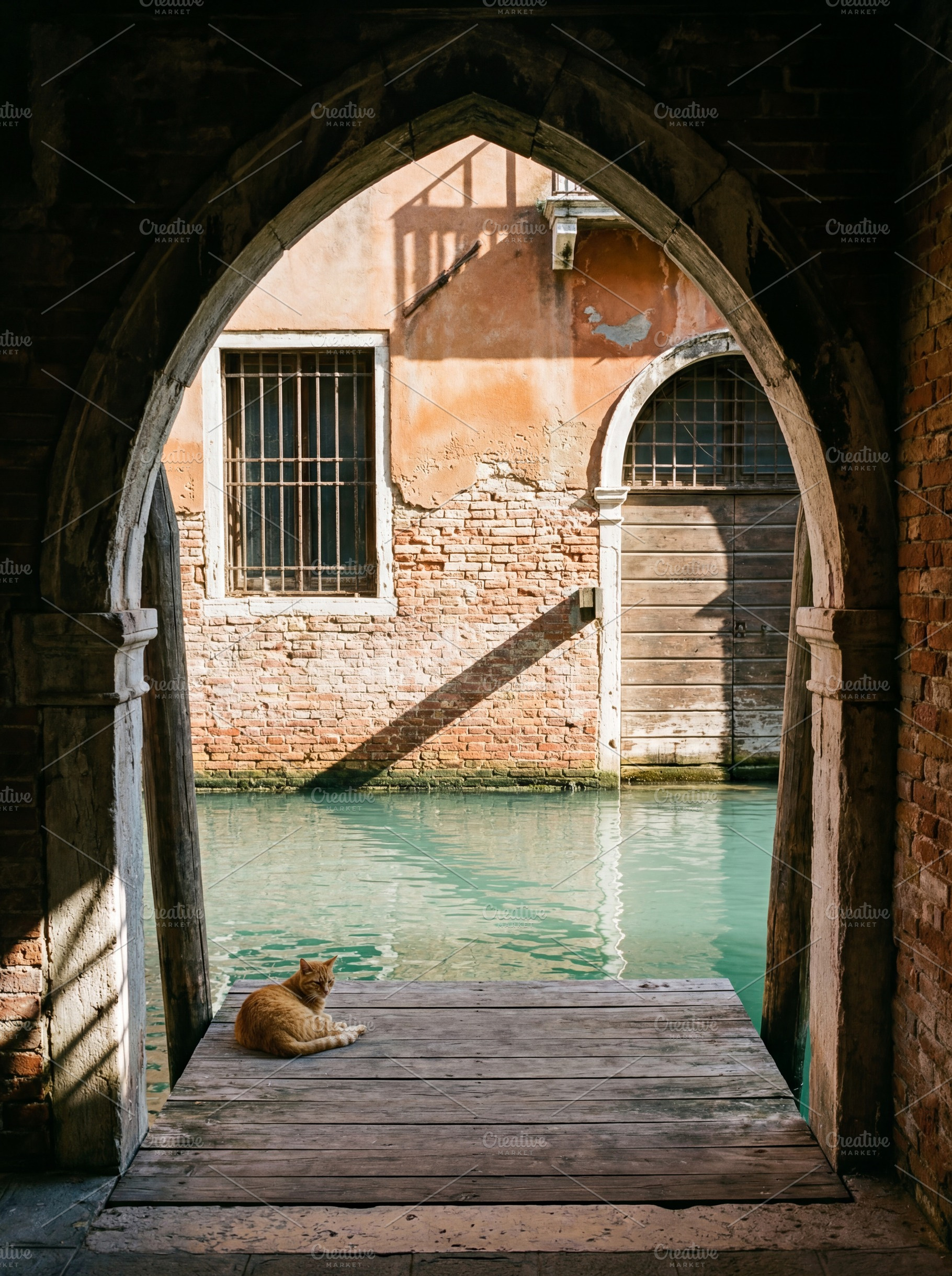 Ginger cat resting on a wooden pier, an Architecture Photo by Virgo Studio