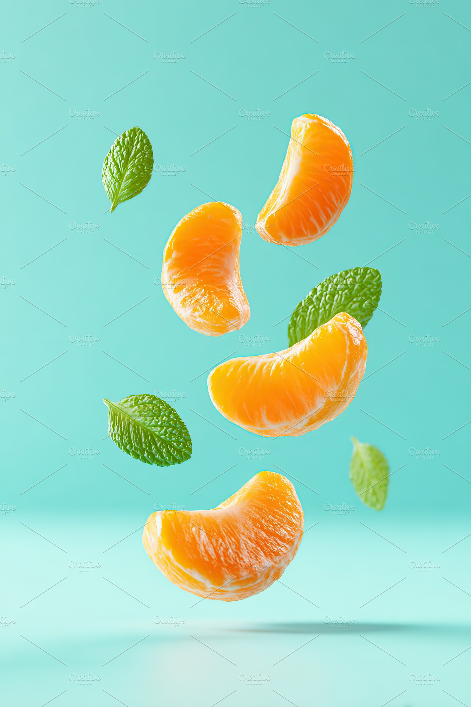 Distinct peeled mandarin wedges and fresh mint leaves suspended in vibrant turq, a Food & Drink Photo by AlyaAnd
