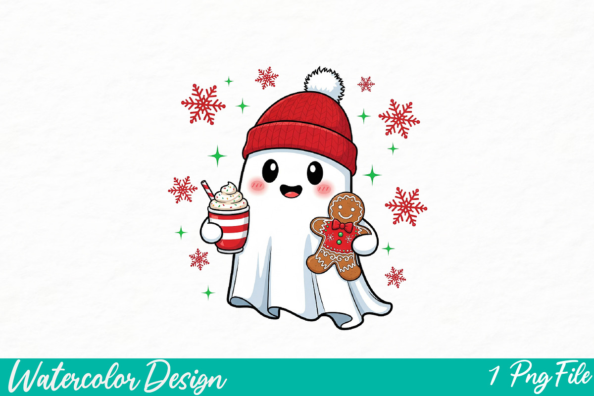 Cute Ghost Christmas PNG File, an Illustration by Watercolor design (Photo 1 of 3)