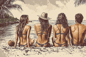 Group of friends relaxing on a tropical beach with palm trees and sea, an Illustration by AS photostudio