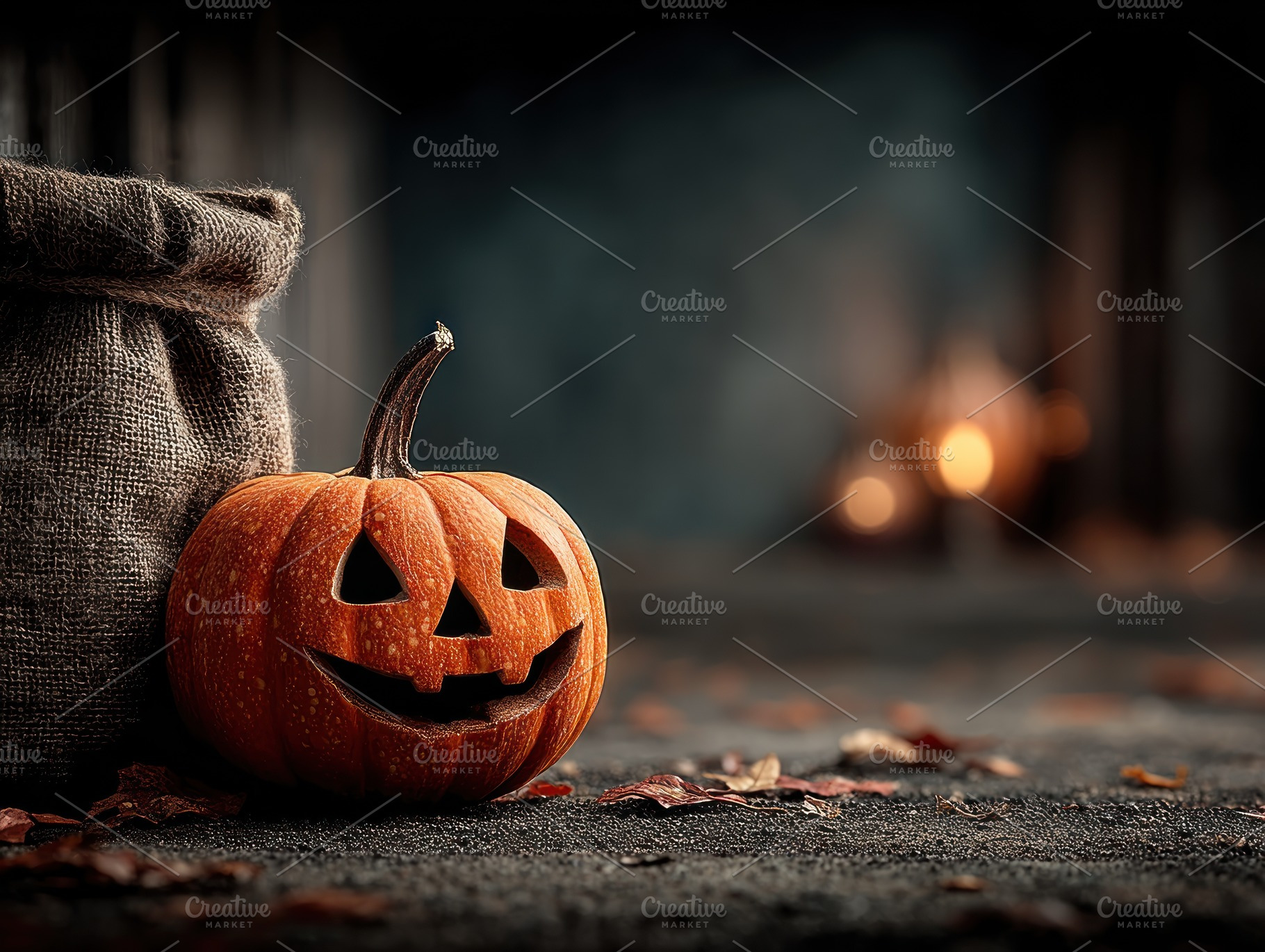 Smiling jack-o'-lantern pumpkin beside burlap sack with blurred, a Food & Drink Photo by José Manuel Gelpi