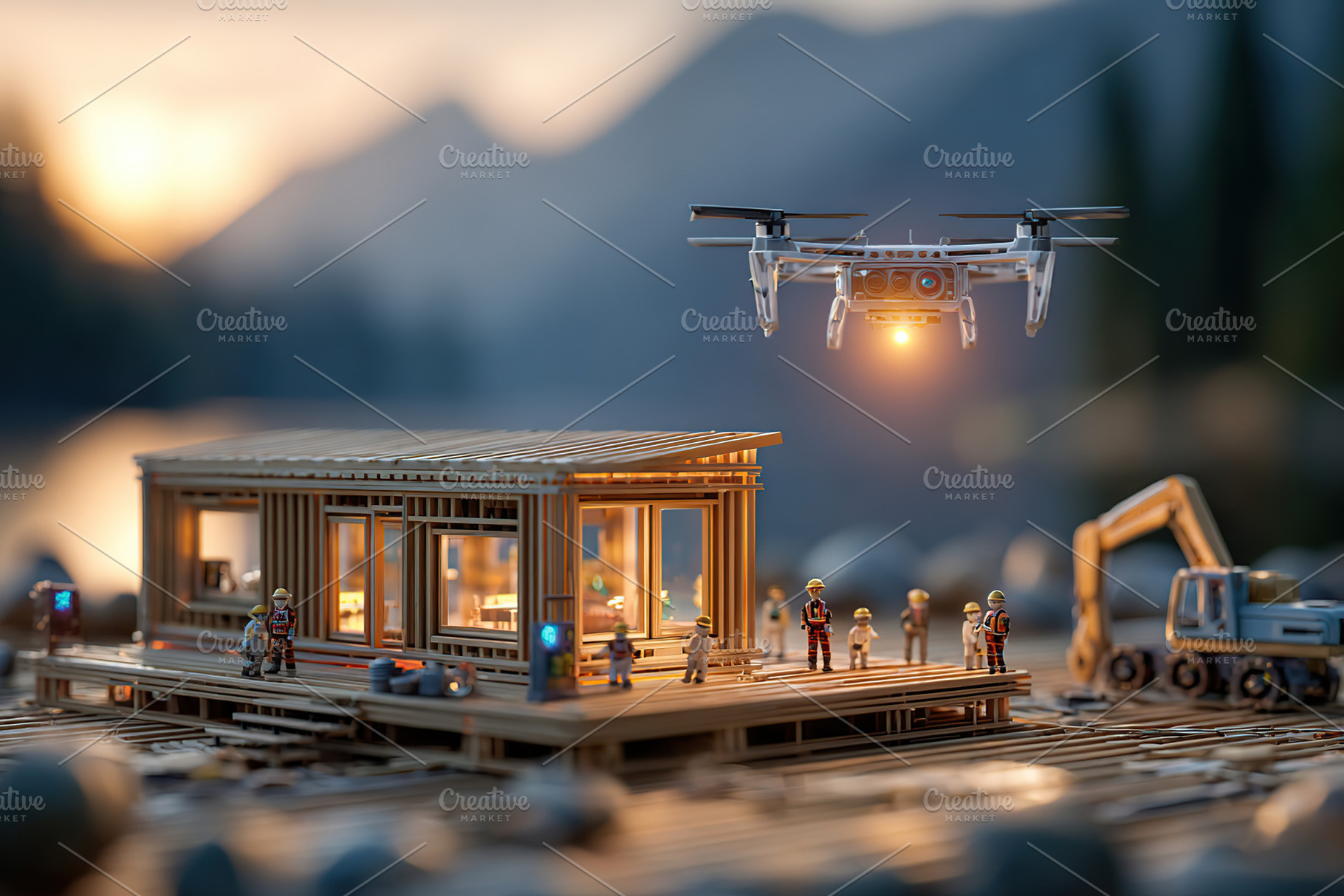 Modular tiny house development with drone and workers at sunset near lake, a Photo by AlyaAnd