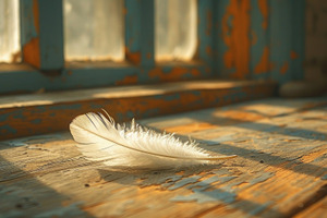 White Feather on Rustic Wooden Surface with Warm Sunlight, a Background Photo by José Manuel Gelpi