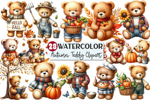 Watercolor Autumn Teddy Bear Clipart, an Illustration by Rose Art