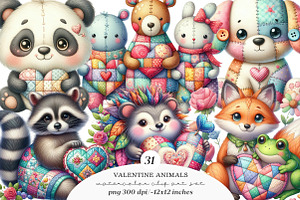 Valentine Patchwork Animal Clipart, an Illustration by SinaCreation