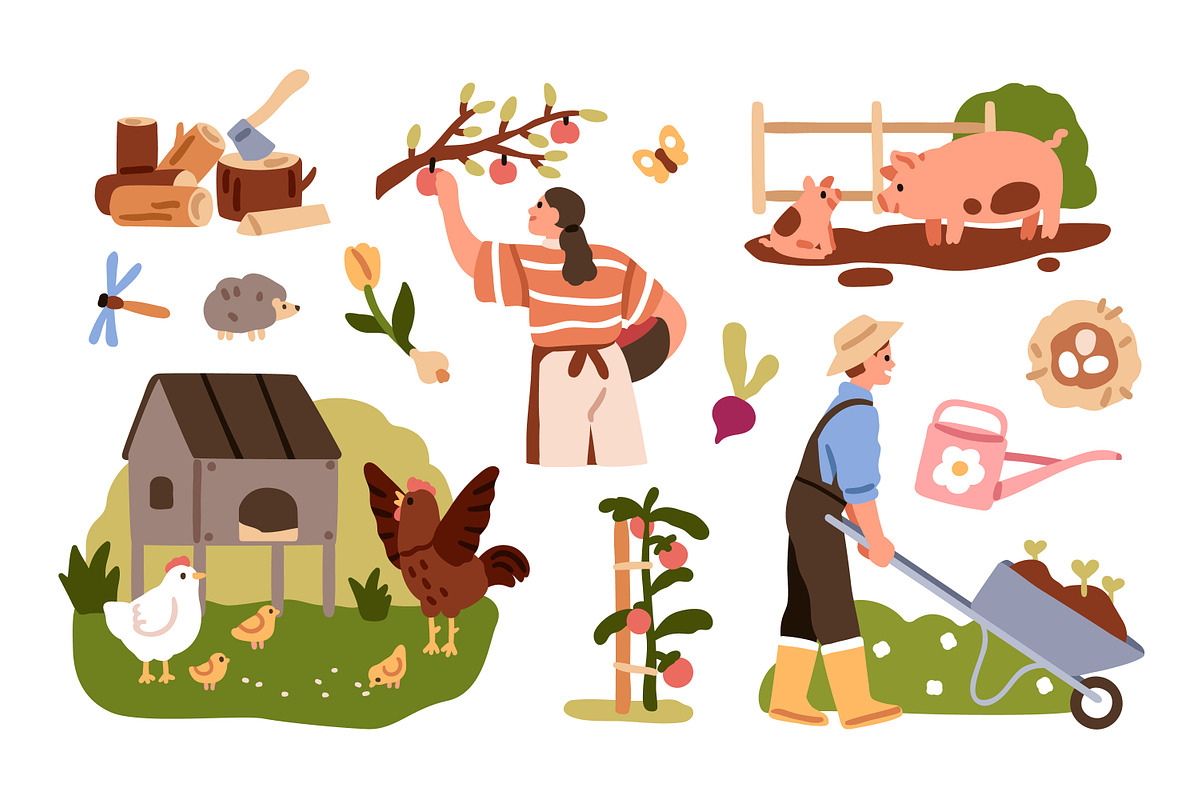 Rural life. Cute farm set, a Person Illustration by Good Studio (Photo 3 of 5)