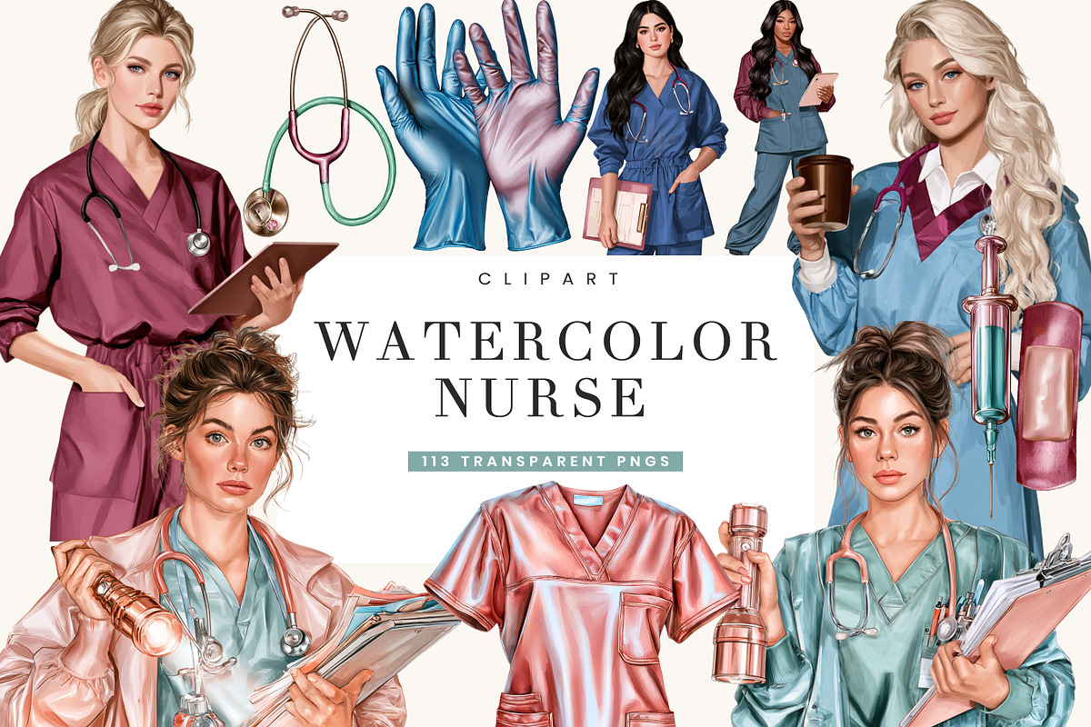 Watercolor Nurse Clipart Bundle, a Healthcare Illustration by BusyDaydesign (Photo 1 of 9)