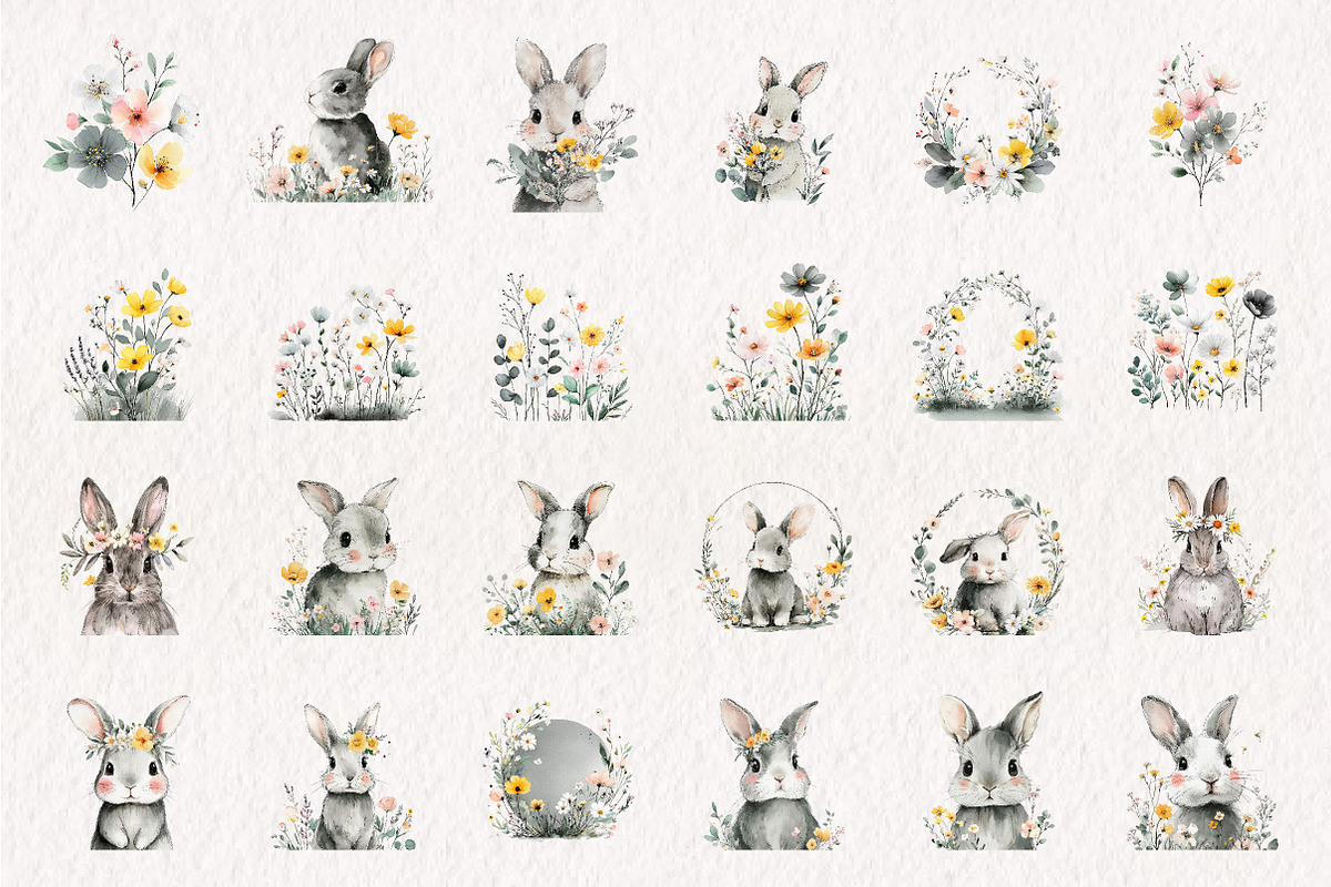 Watercolor Bunnies and Wild Flower, an Illustration by CreationArt (Photo 2 of 10)
